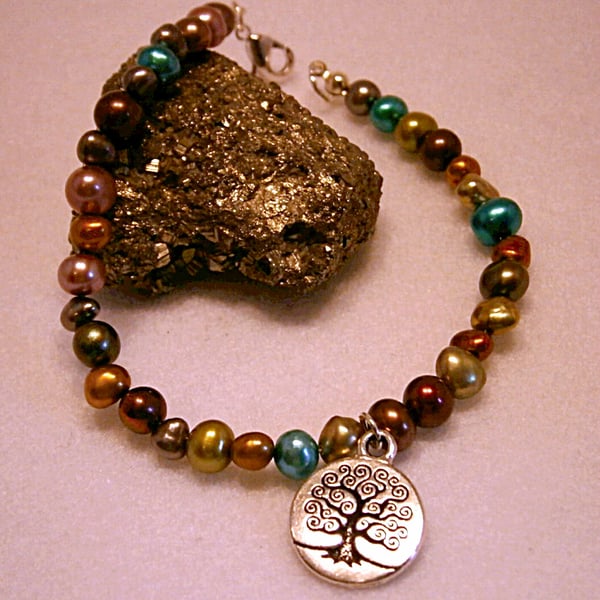 Multicoloured Freshwater Pearl,Tree of Life charm, Handmade  Goddess Bracelet