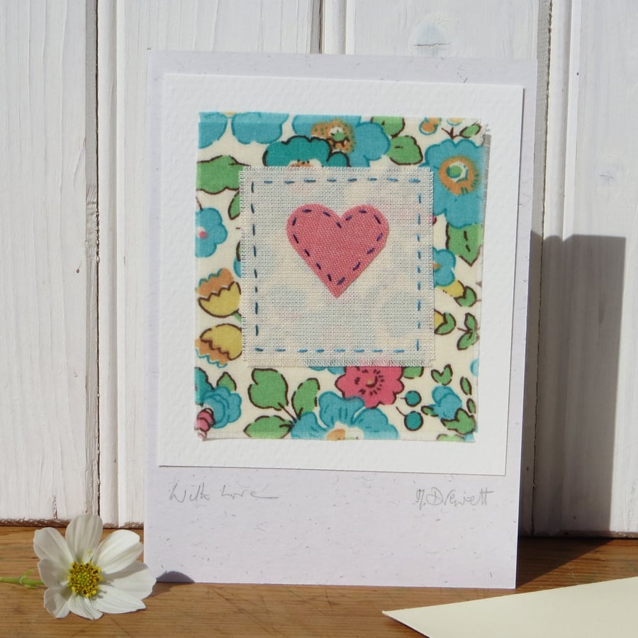 Hand-stitched heart card with cheerful Liberty tana lawn cotton background