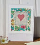 Hand-stitched heart card with cheerful Liberty tana lawn cotton background