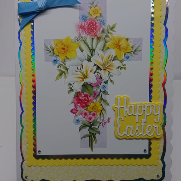 Easter Card Happy Easter Cross Spring Flowers Daffodils 3D Luxury Handmade Card