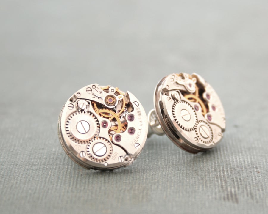 Steampunk Stud Earrings Watch Movement with Ruby Sterling Silver Post 