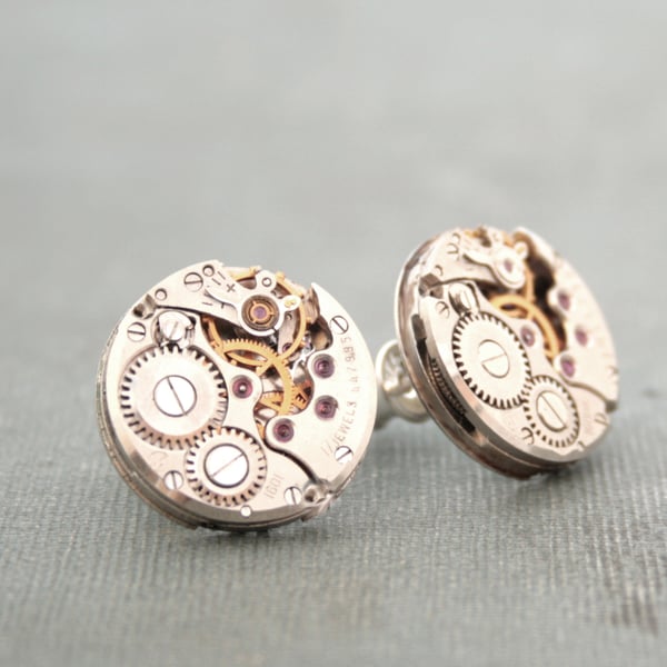 Steampunk Stud Earrings Watch Movement with Ruby Sterling Silver Post 