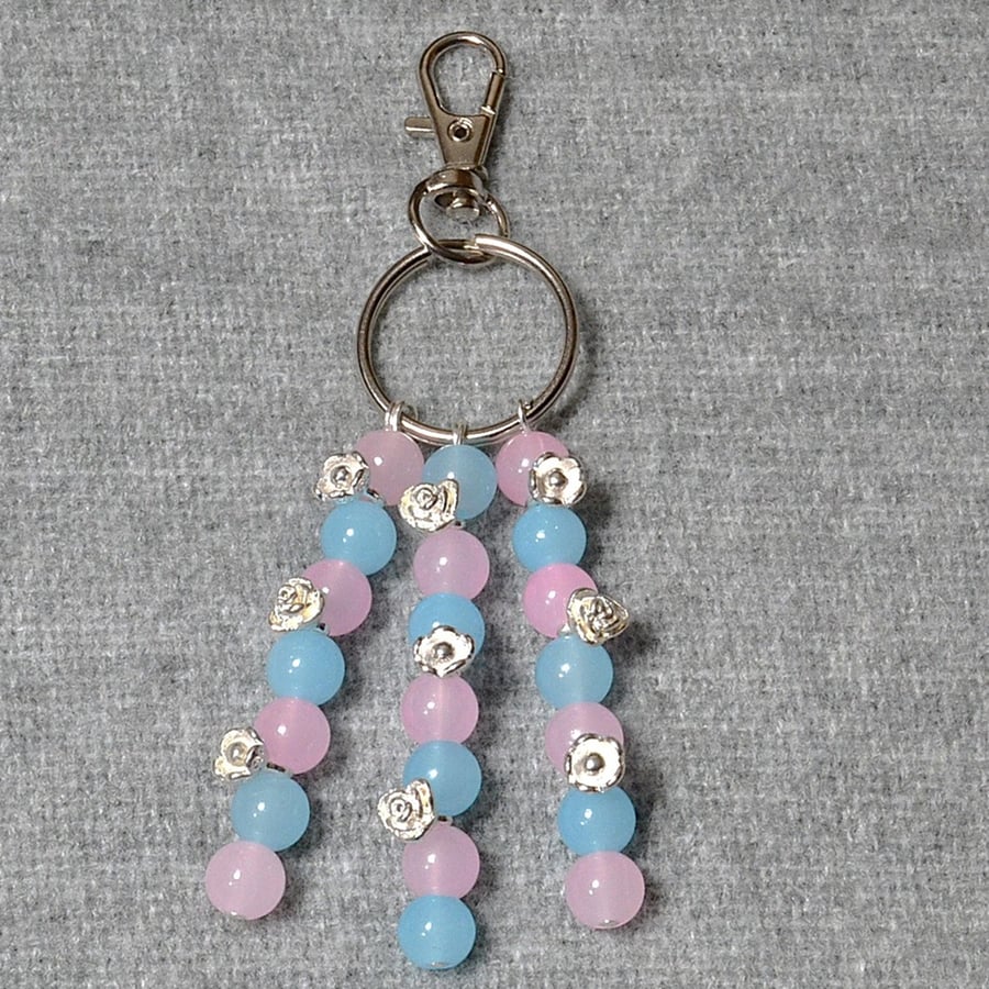 Bag Charm – Pastel Pink and Blue Glass Bead and Silver Flower Bud Triple Dangle