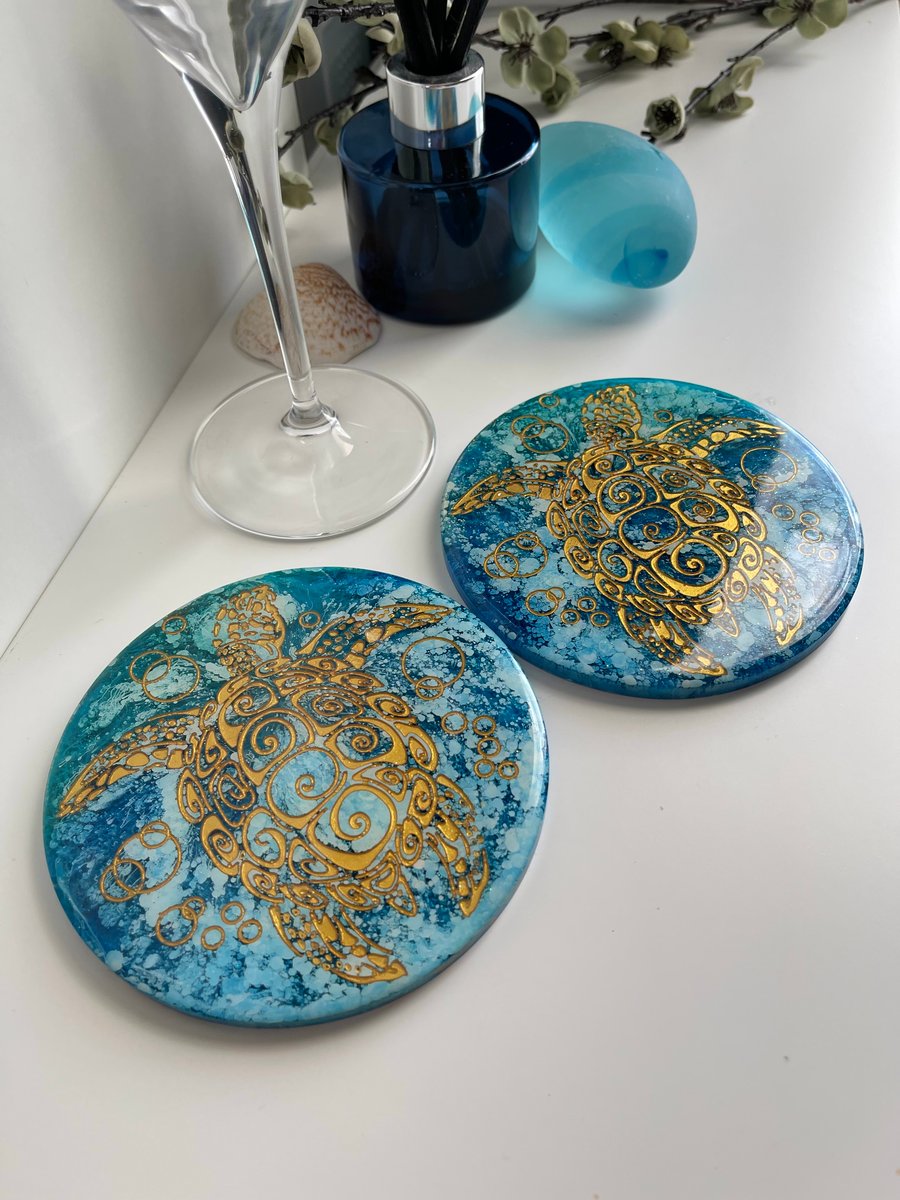 Pair Large Handmade Turtle Coasters Turquoise Resin Drinks Coasters  FREE POST