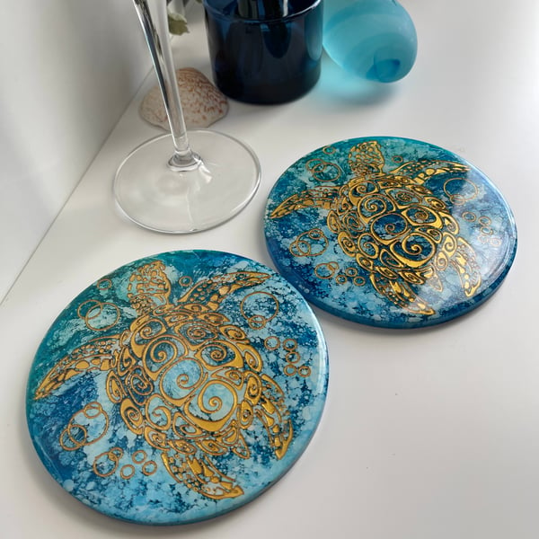Pair Large Handmade Turtle Coasters Large Turquoise Resin Drinks Coasters 
