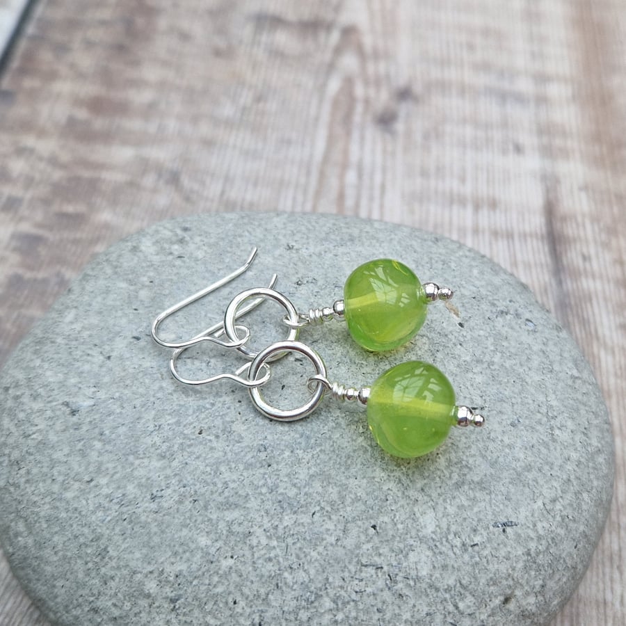 STERLING SILVER LIME GREEN LAMPWORK GLASS BEAD AND STERLING SILVER EARRINGS