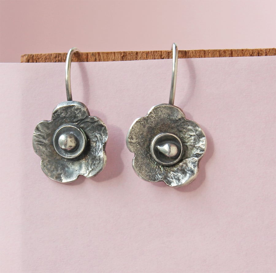 Silver Flower Earrings - Artisan Textured Petals of Silver Dangle Earrings