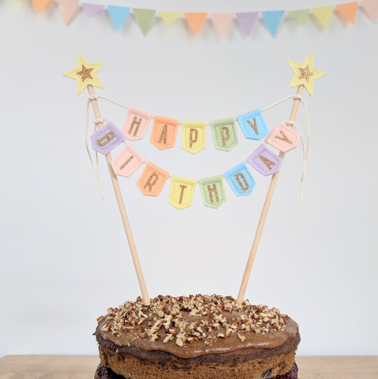 Handmade felt rainbow happy birthday cake topper bunting