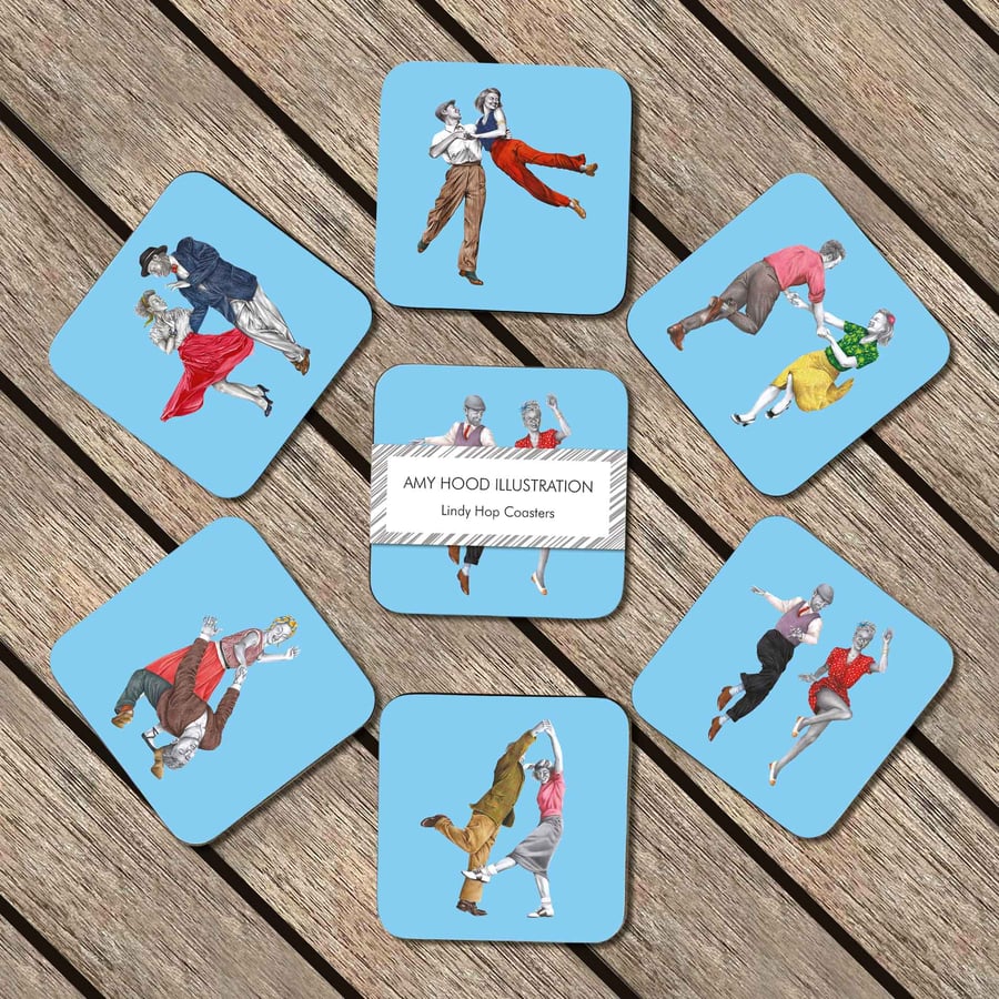 Lindy Hop Coaster Set of 6 – Colourful Retro Swing Dance Coasters Vintage Jazz