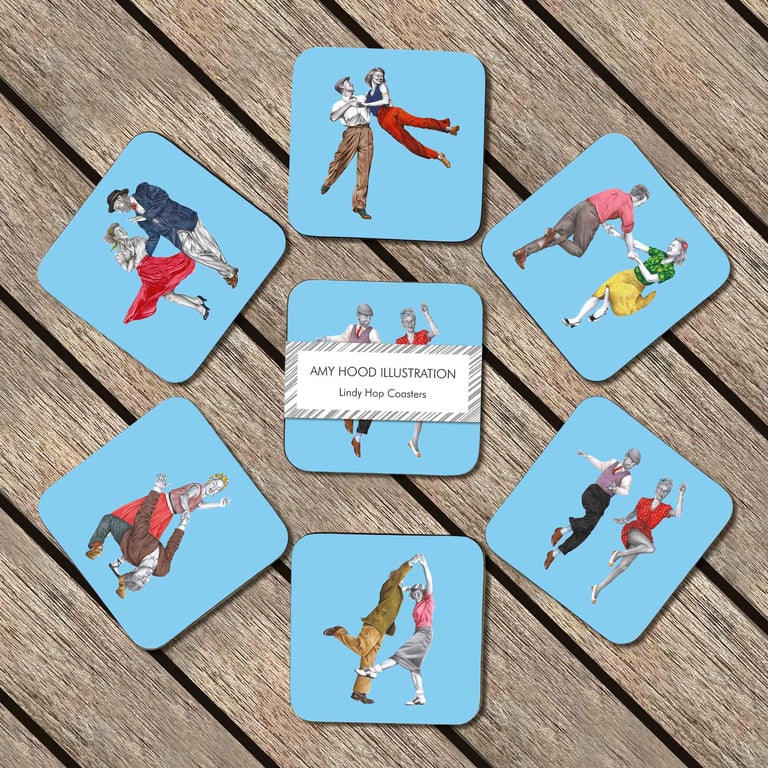 Lindy Hop Coaster Set of 6 – Colourful Retro Swing Dance Coasters Vintage Jazz