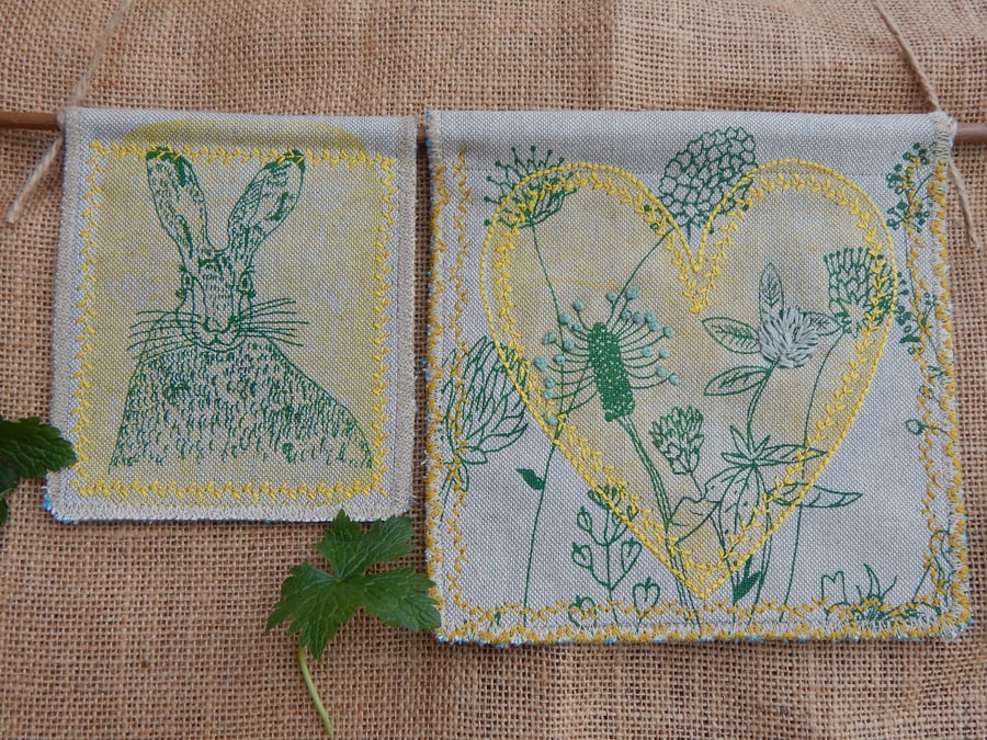 RESERVED FOR ANGELA Fabric Hare and heart hanger on willow - Yellow