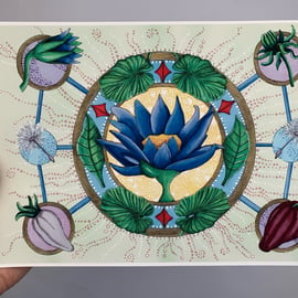 Art print. Healing plants mandala. Art work.Hand drawn. Illustration. Flowers