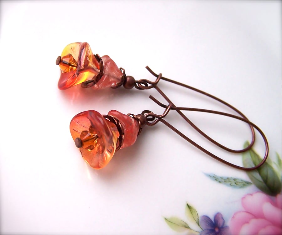 Orange Dangle Earrings, Flower Beads, Vintage Style Earrings, Glass