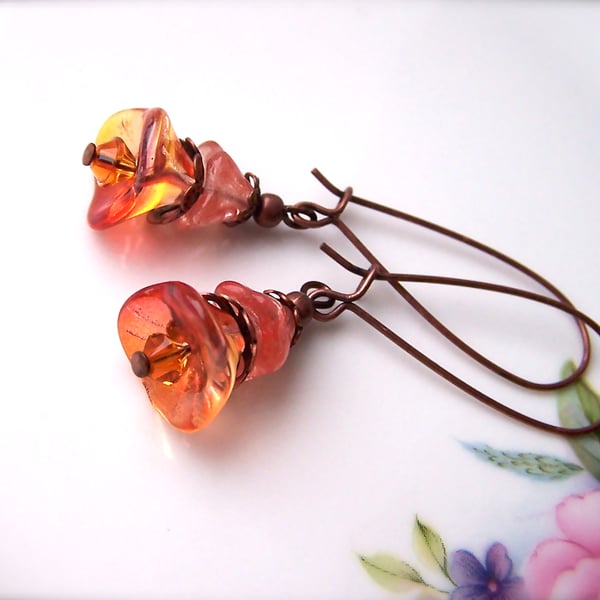 Orange Dangle Earrings, Flower Beads, Vintage Style Earrings, Glass