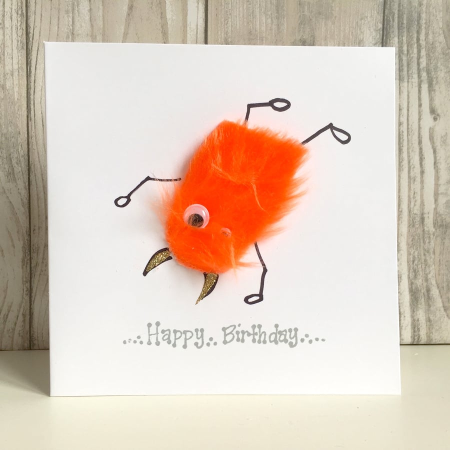 Birthday card - fun orange gymnast mini monster cartwheel acrobat dancer sporty