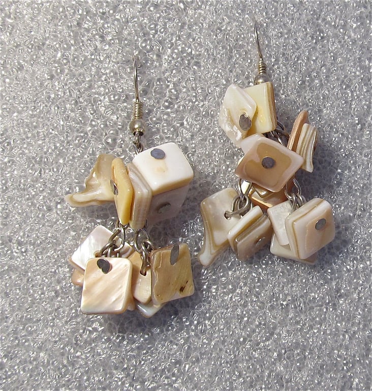 Cream Mother Of Pearl Chips & Nuggets, Sterling Silver Hooks, Cluster Earrings, 