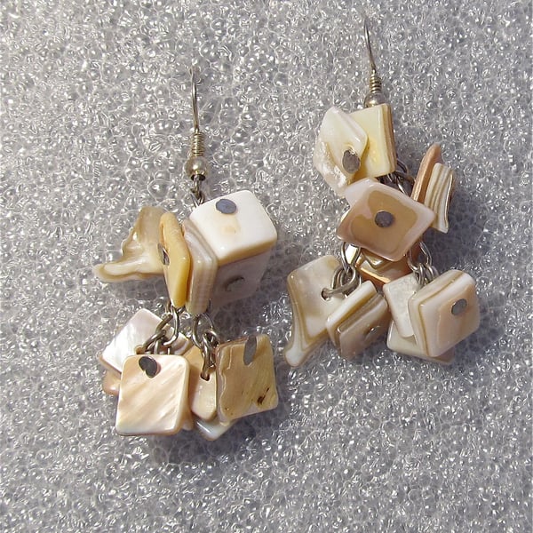 Cream Mother Of Pearl Chips & Nuggets, Sterling Silver Hooks, Cluster Earrings, 