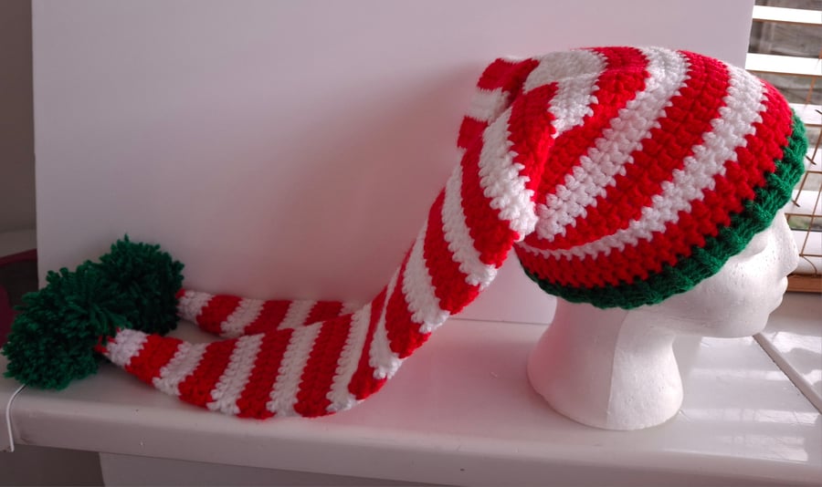 Handmade Crochet Double Tail Christmas Elf Hat. 