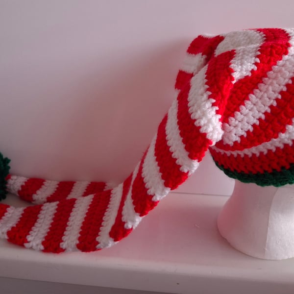 Handmade Crochet Double Tail Christmas Elf Hat. 