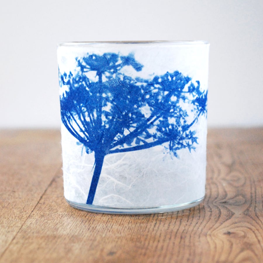 Delicate Cow parsley Cyanotype candle holder blue & white