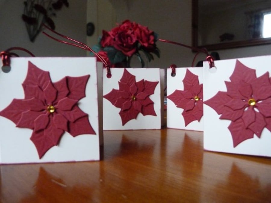 Pack of 4 Red Poinsettia Christmas Gift Tags