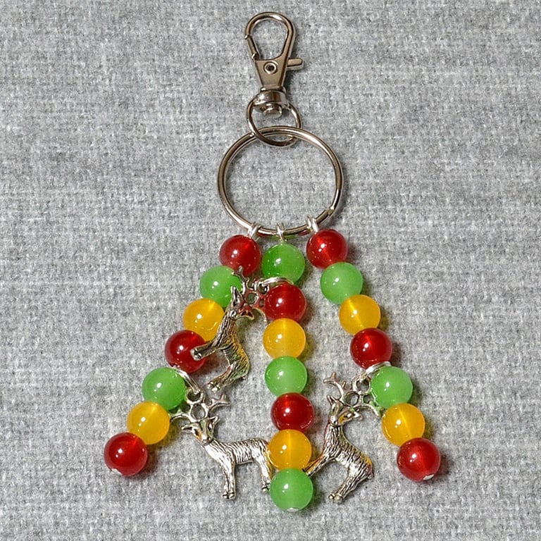 Christmas Bag Charm – Red, Yellow, & Green Glass Beads & Reindeers Triple Dangle