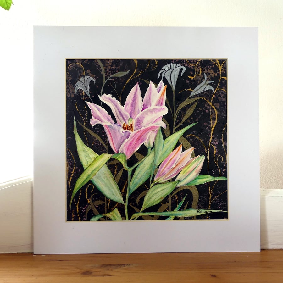 Asiatic Lily Decorative Botanical Watercolour Painting Square Fine Art