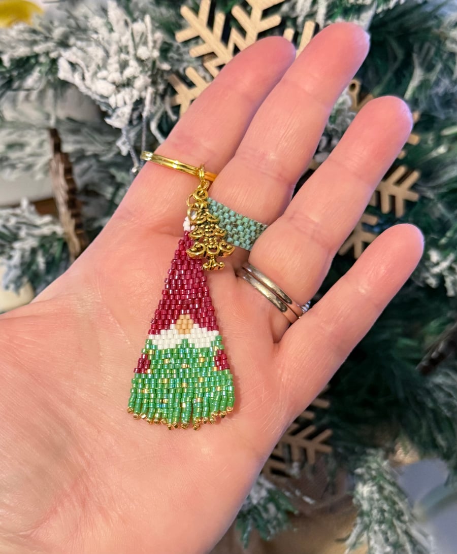 Christmas tree gnome beadwork fringe keyring