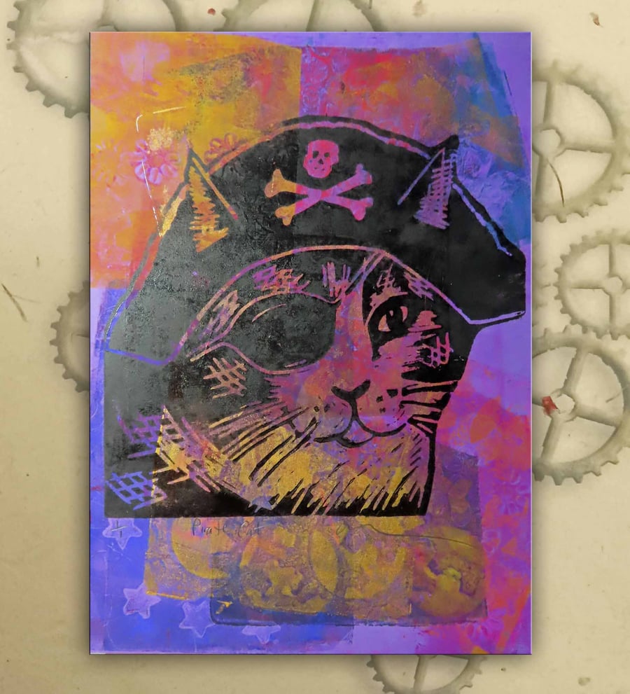 Pirate Cat One off Hand-Pulled Linocut & Gelli Print Pink
