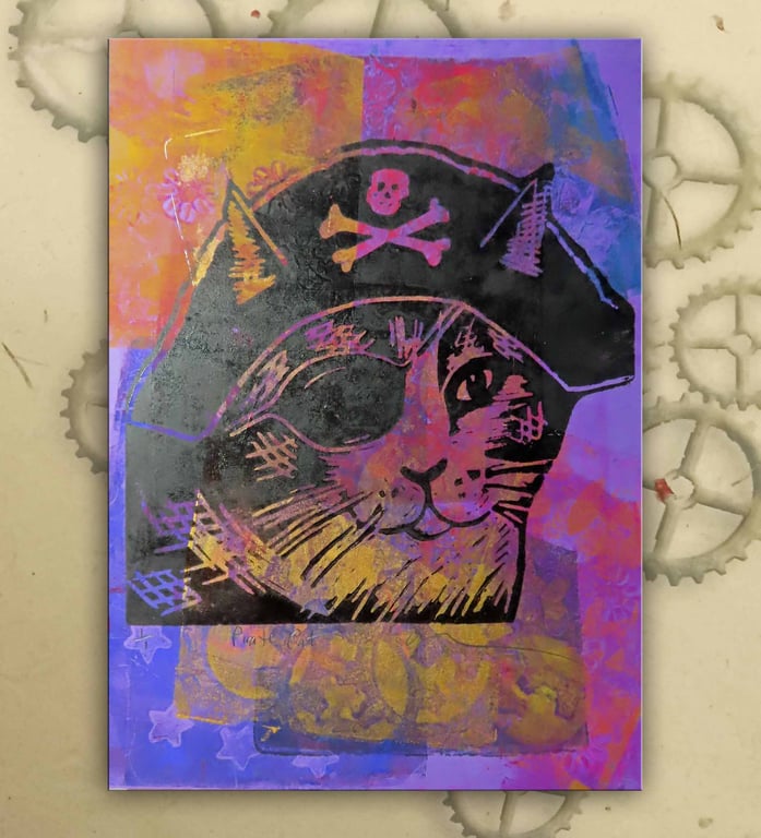 Pirate Cat One off Hand-Pulled Linocut & Gelli Print Pink