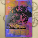 Pirate Cat One off Hand-Pulled Linocut & Gelli Print Pink