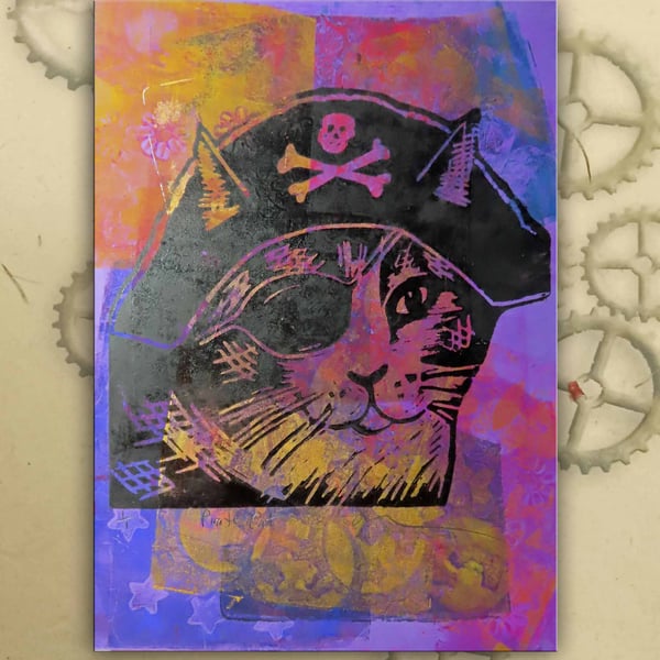 Pirate Cat One off Hand-Pulled Linocut & Gelli Print Pink
