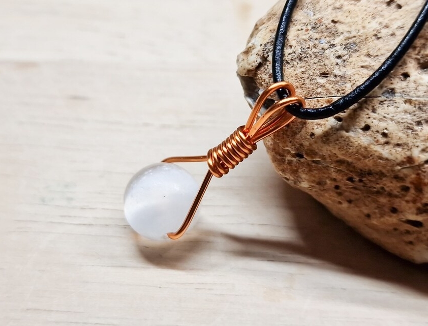 Unisex Copper Selenite Pendant wire wrap necklace