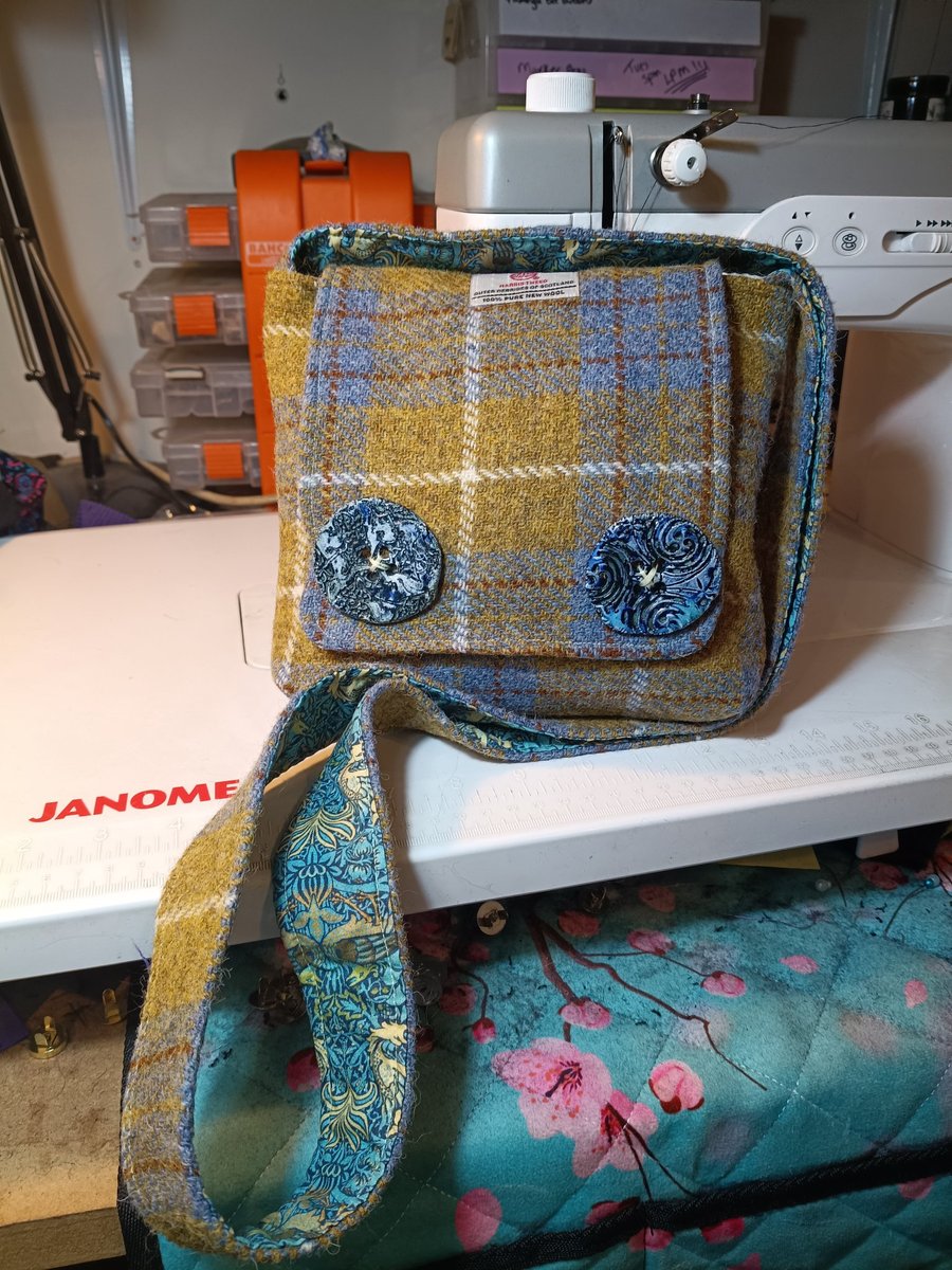 Harris tweed cross body bag with handmade buttons 