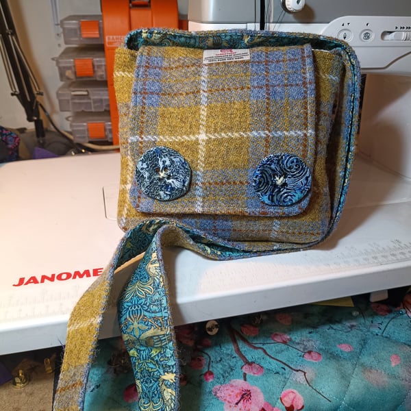 Harris tweed cross body bag with handmade buttons 