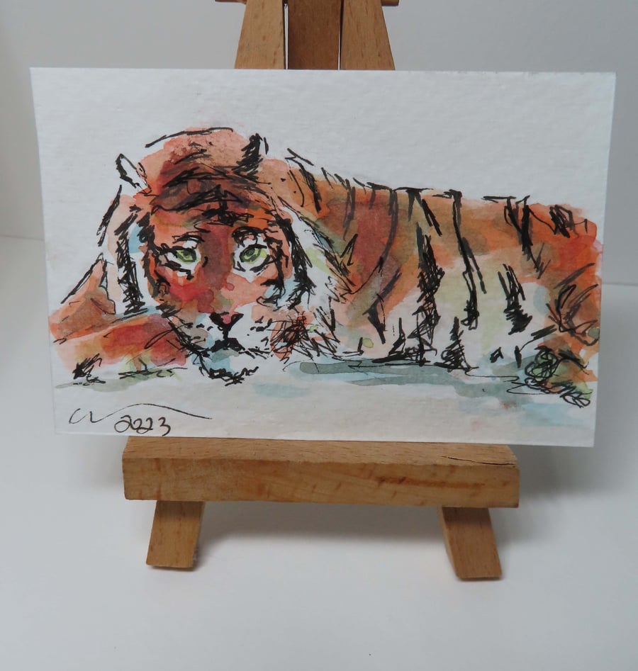 ACEO Animal Art Tiger Resting Original Watercolour Ink Painting OOAK 