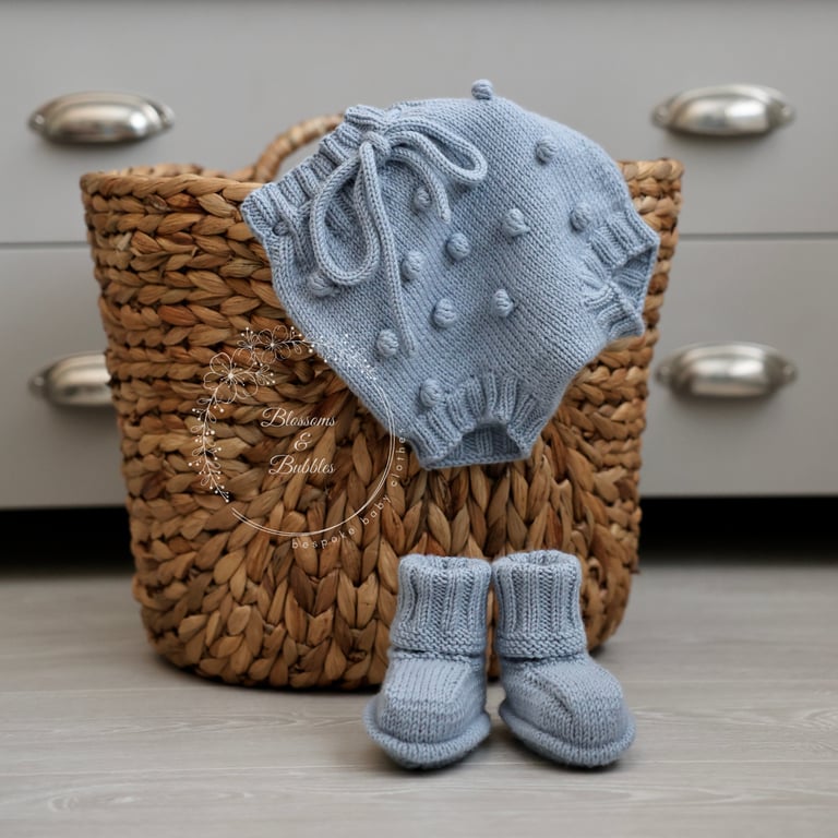 Hand-Knitted Baby Shorts & Booties Set in Mist Blue