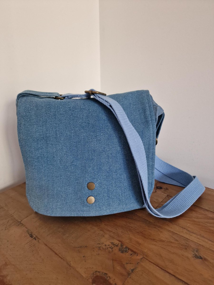 Handmade Pale Blue Upcycled Denim Crossbody Bag with Bee Print Lining