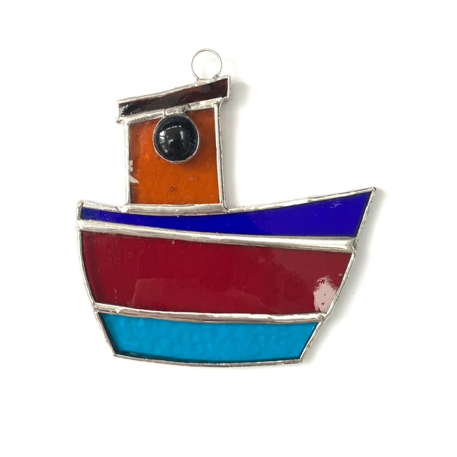 Stained Glass Tug Boat Suncatcher - Handmade Window Decoration - Blue Red Turq