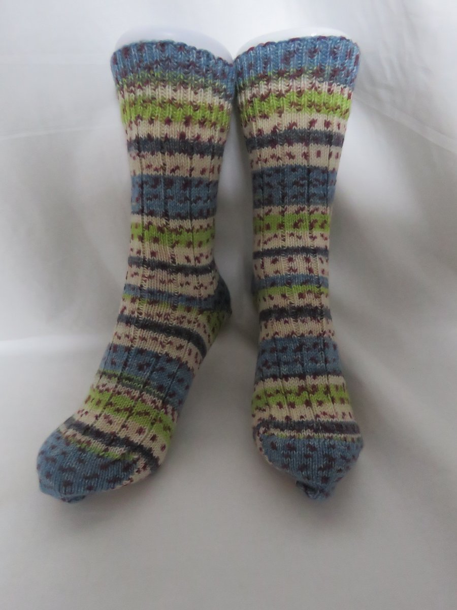 Hand-cranked Knitted Ribbed Wool Socks Size 6 to 7