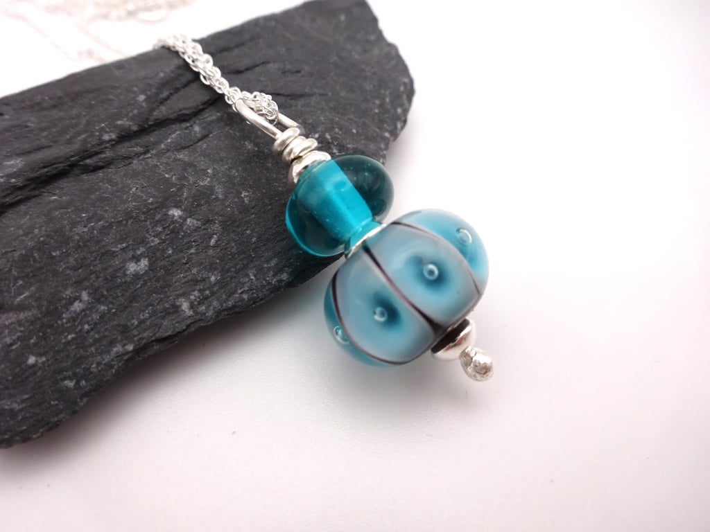 teal bubbles lampwork glass pendant necklace