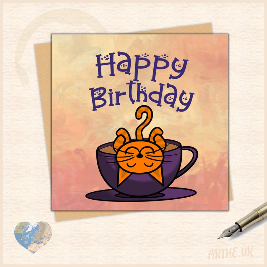 Happy Birthday - Cat Tea card