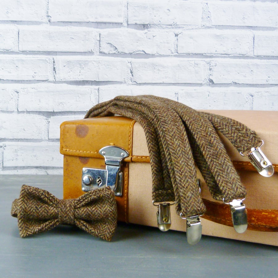 Yorkshire Tweed Bow Tie and Braces - Brown Herringbone