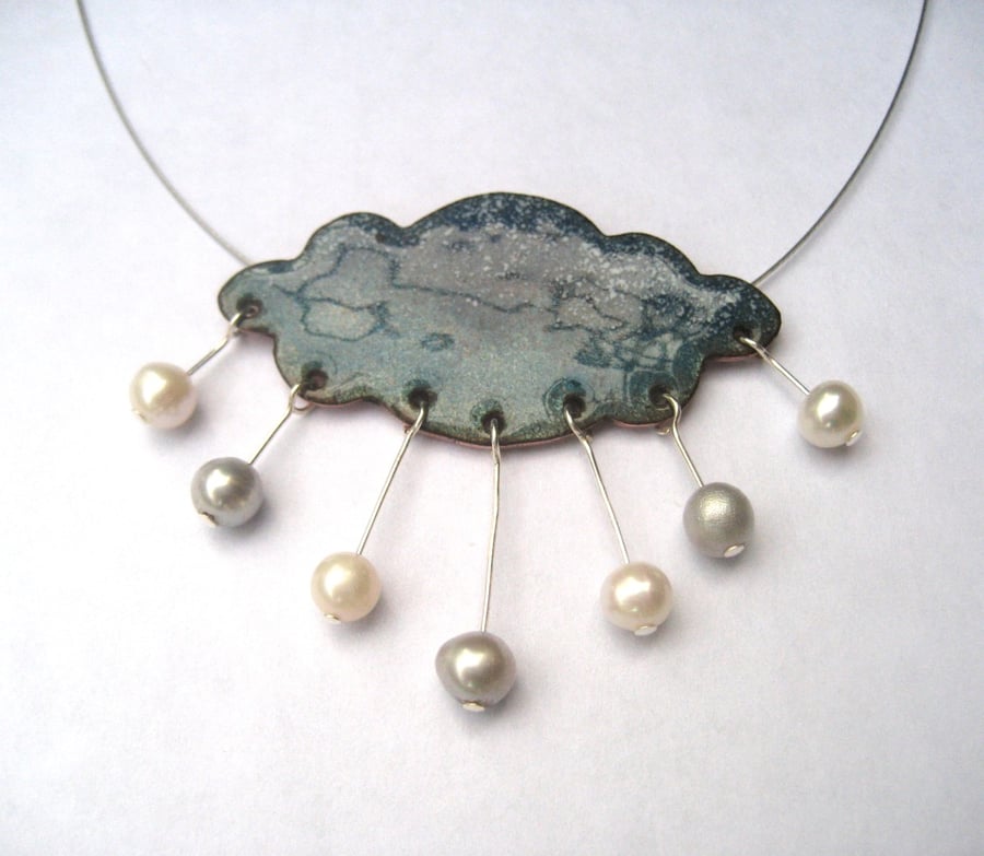Welsh raincloud enamelled necklace with freshwater pearls