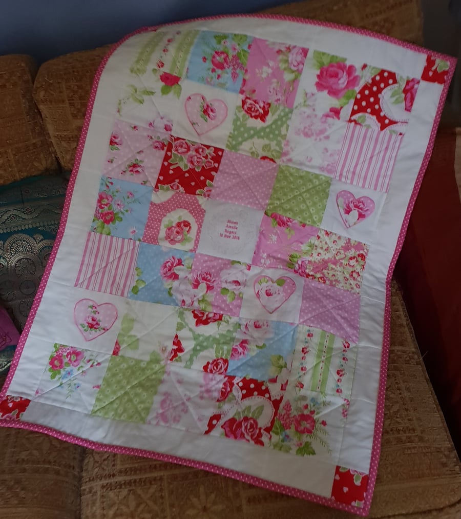 Pink Cot Quilt with personalised central panel 