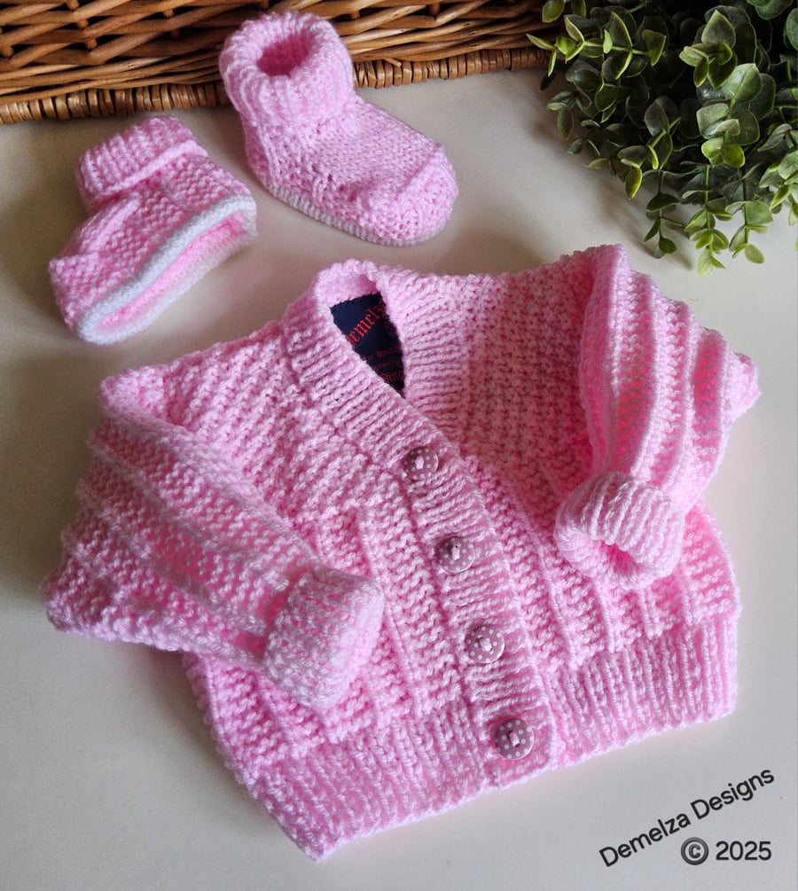 Hand Knitted Baby Girl's Cardigan , Booties  Set Size 0 - 3 months size