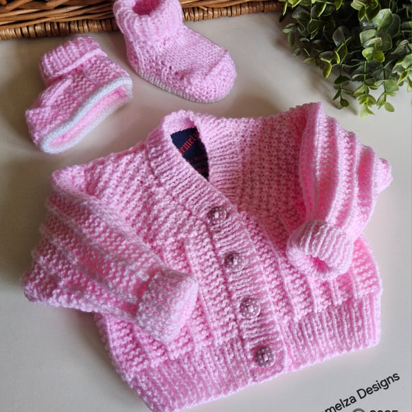 Hand Knitted Baby Girl's Cardigan , Booties  Set Size 0 - 3 months size