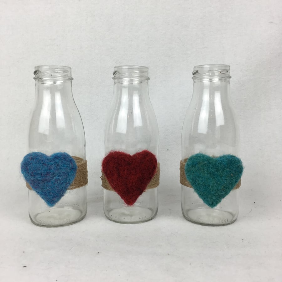 Set of 3 bottle vases with needle felted heart
