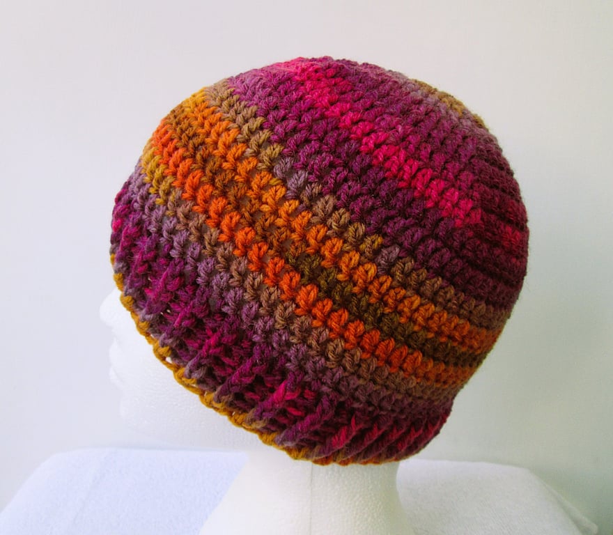 Autumn colours crochet beanie hat for an adult