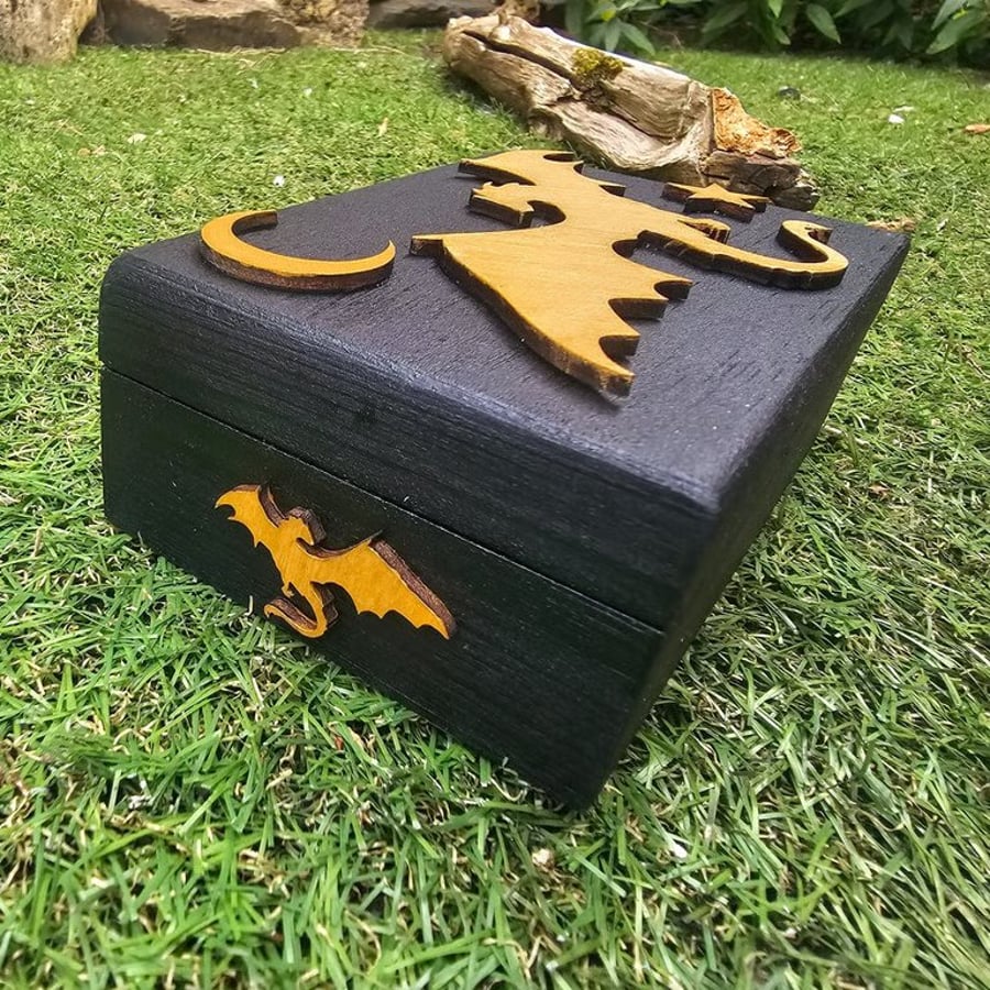 Handmade Wooden Jewellery Box with Dragon & Moon Design - Gothic Fantasy 